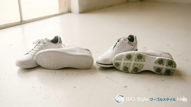 スパイクレスとソフトスパイクのゴルフシューズを並べてソールの違いを比較