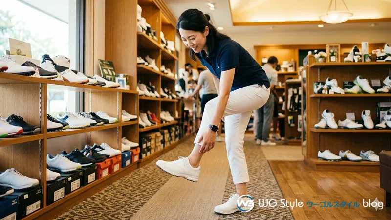 ゴルフショップでスパイクレスシューズを試着してサイズを確認する30代女性