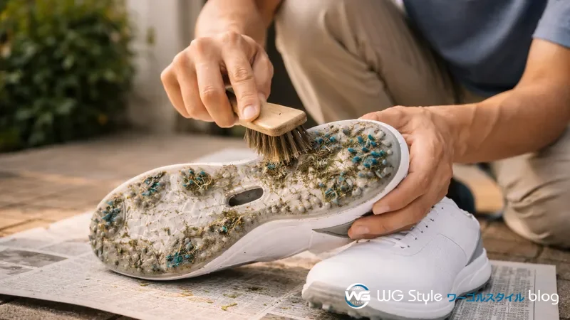 玄関先でゴルフシューズのソールをブラシで丁寧に手入れしている手元