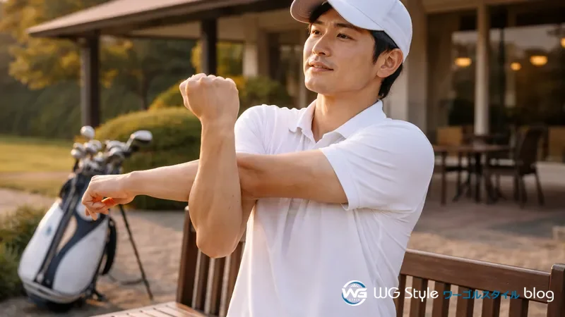 18ホール終了後にクラブハウス前で肩のクールダウンストレッチをする30代男性