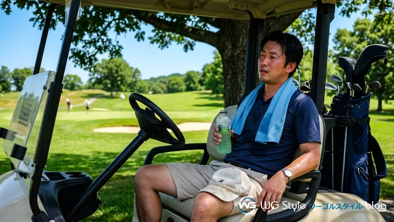 ゴルフカートの日陰で休憩しながら水分補給するゴルファー