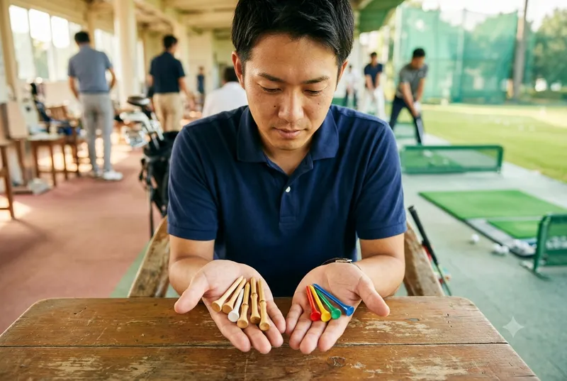 練習場で木製ティーとカラープラスチックティーを両手に持ち比べている男性
