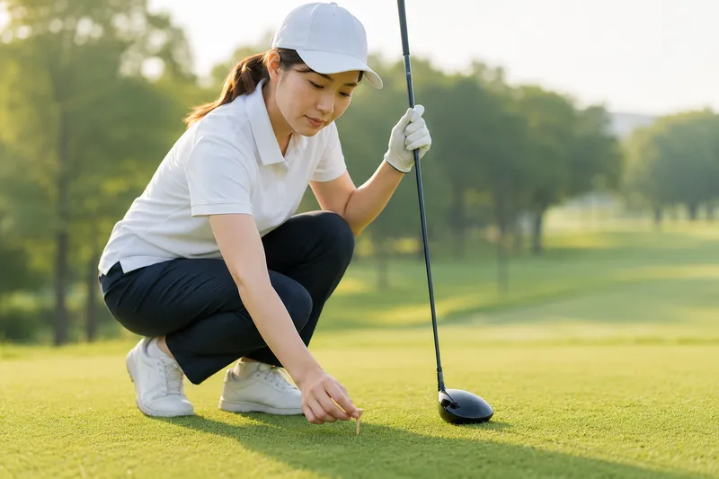 女性ゴルファーがコースでティーをセットしている様子