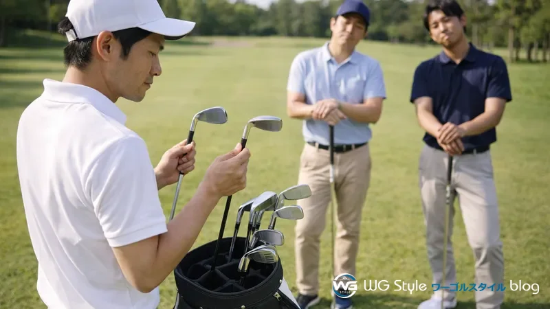 フェアウェイでバッグからクラブを複数取り出して迷っている間、後ろで同伴者が待っている