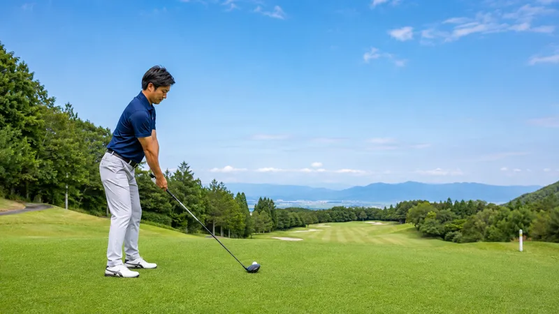日本人男性がティーグラウンドでコンパクトに構えている