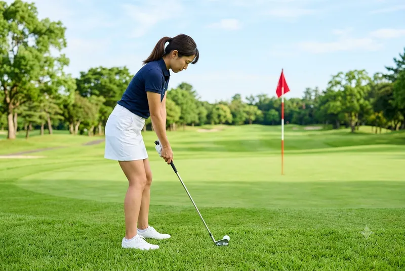 日本人女性がグリーン周りでアプローチの構えをしている