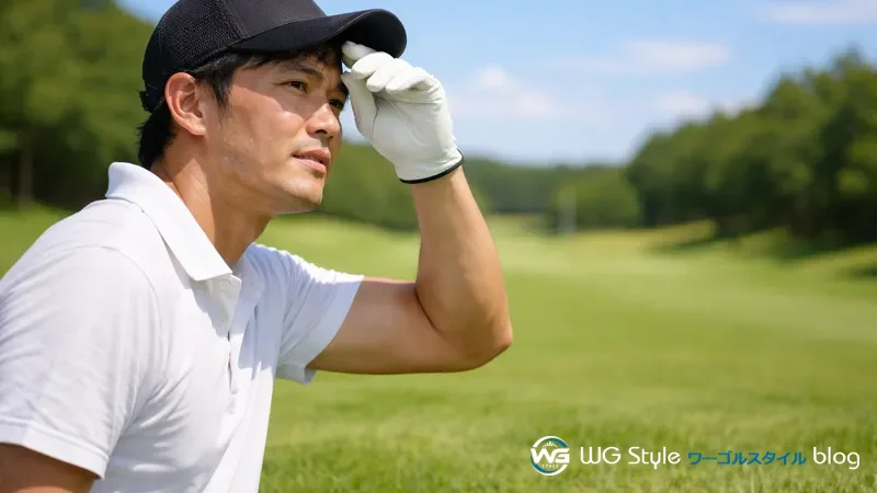 夏の日差しの中メッシュキャップをかぶった30代男性がゴルフ場で汗をぬぐいながらグリーンを見るシーン