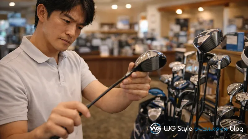 ゴルフ用品店で初心者用クラブセットのドライバーシャフトのしなりを確かめている30代男性