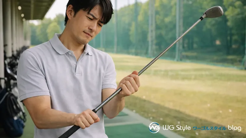 練習場の打席で体格に合わない古いクラブを持ち困り顔をしている30代男性