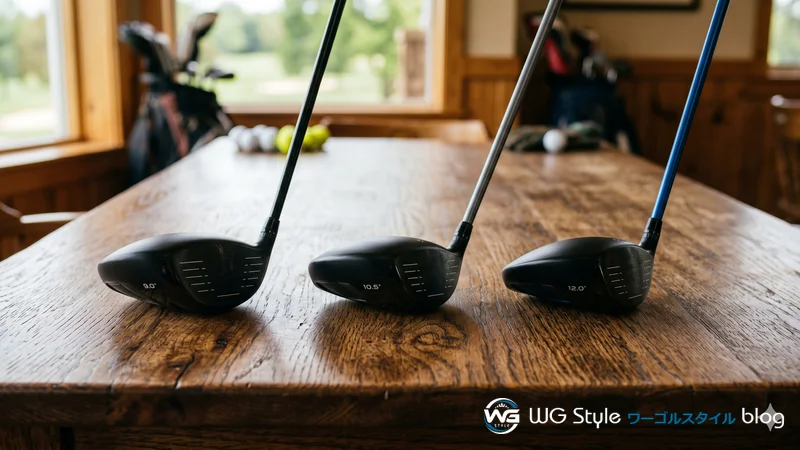 ロフト角とシャフトの硬さが異なる3本の初心者向けドライバーを比較している様子