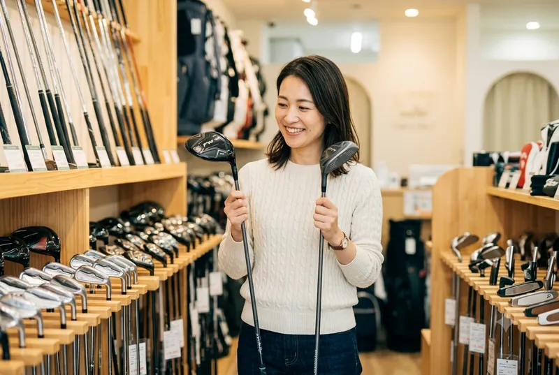 ゴルフショップでフェアウェイウッドとユーティリティを両手に持って比較する日本人女性