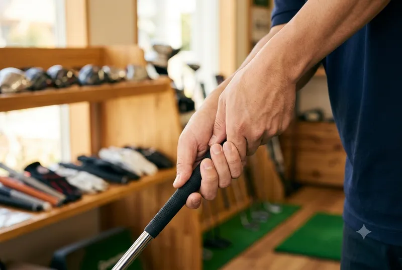 ゴルフショップでクラブのグリップを握って確認する男性の手