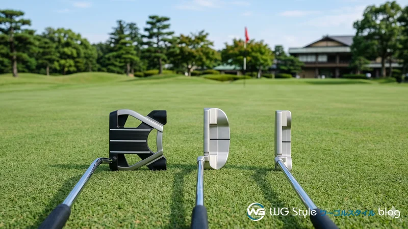 グリーン上に並べたマレット型・ピン型・L字型の3種類のパター比較