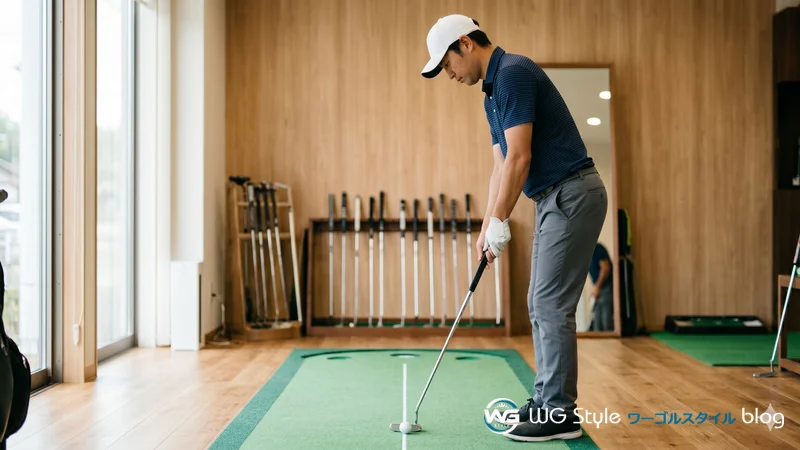 初心者がパターの長さや重さを確認しながら室内パッティング練習でアドレスを確認する様子