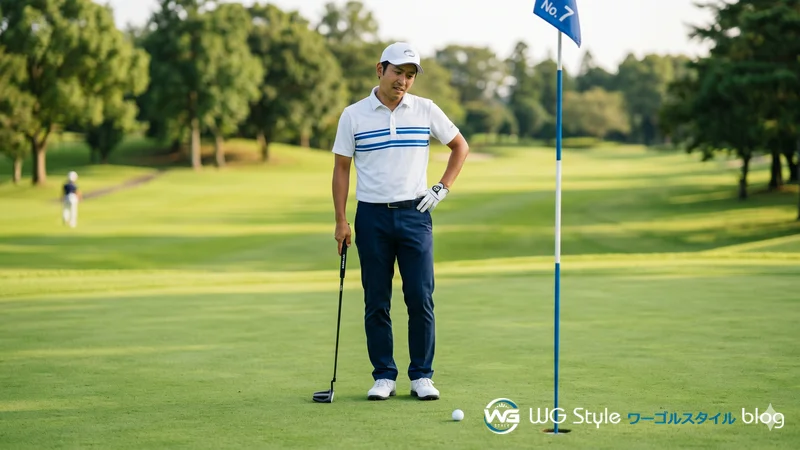 グリーン上でパターを持ちながら次の1打を考える初心者ゴルファー