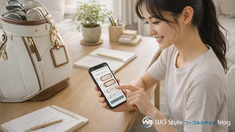 自宅のデスクでスマートフォンを使いゴルフバッグ用ネームプレートのオーダーフォームを確認している30代女性