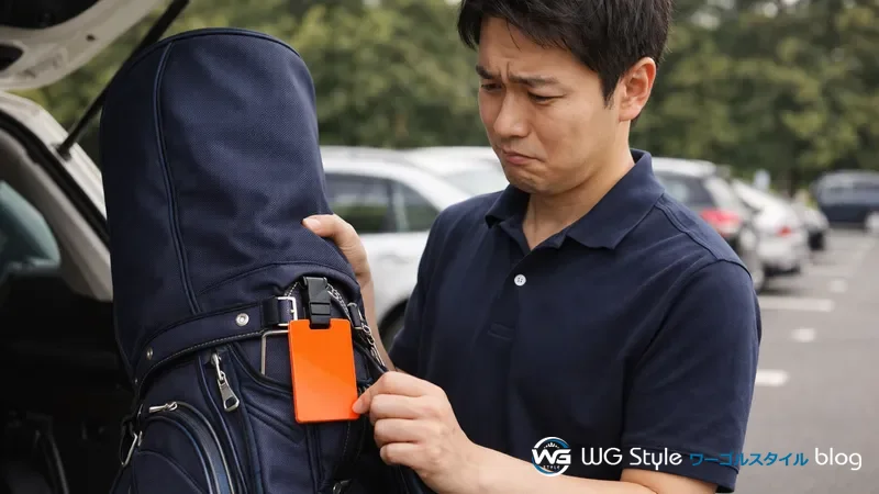 駐車場でキャディバッグの色と合わないネームプレートに困惑した表情の30代男性