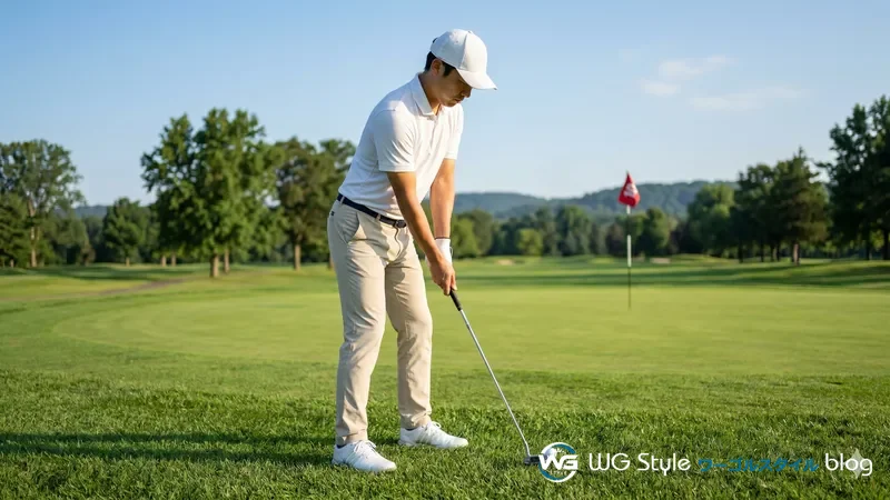 グリーンエッジでチッパーの正しいアドレスを取る30代男性の全身像