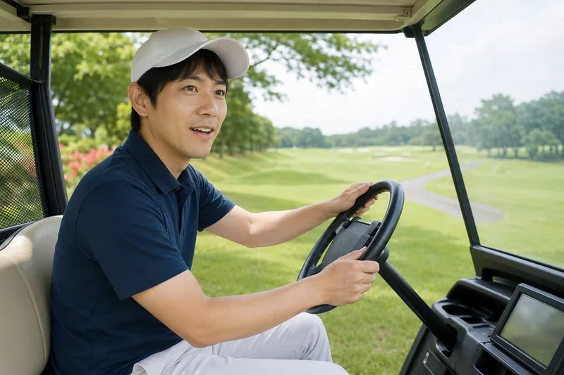 ゴルフ場のカートを運転する男性ゴルファー