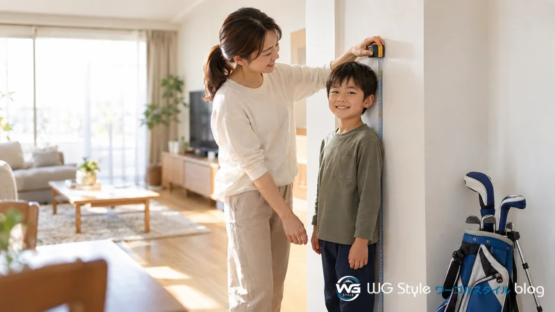 自宅の壁際で子どもの身長を測る日本人の母親と、そばに置かれたジュニア用のゴルフバッグ