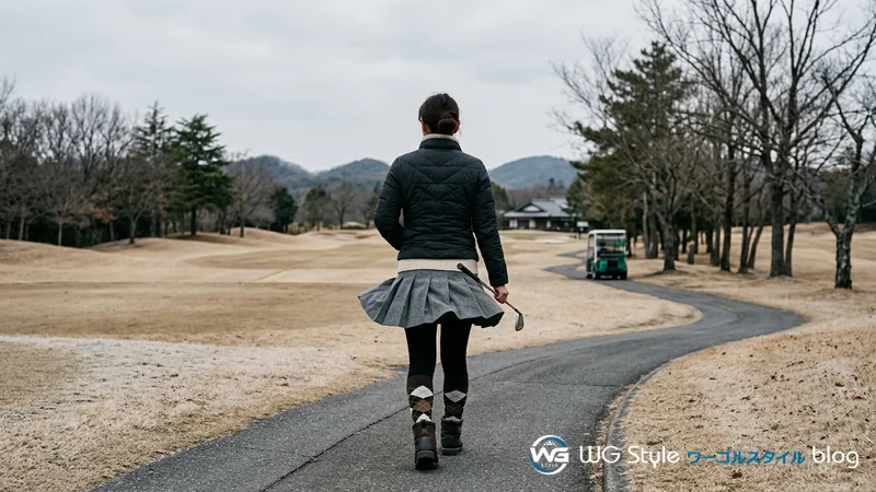 冬のゴルフ場のカート道を歩く日本人女性ゴルファーのスカートが風になびいている様子
