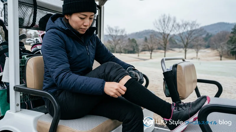 ゴルフカートに座って薄手の黒いふくらはぎウォーマーを着ける日本人女性