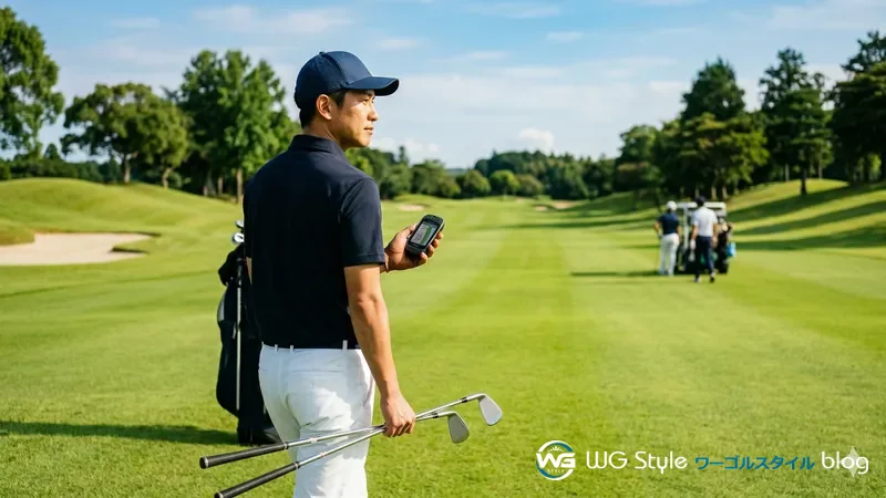 ゴルフ場のフェアウェイでGPSナビで距離を確認しながら2本のクラブを持って歩く30代男性