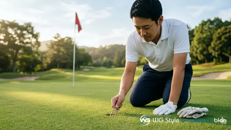 ゴルフ場のグリーン上でグリーンフォークを使いボールマークを丁寧に修復している30代男性