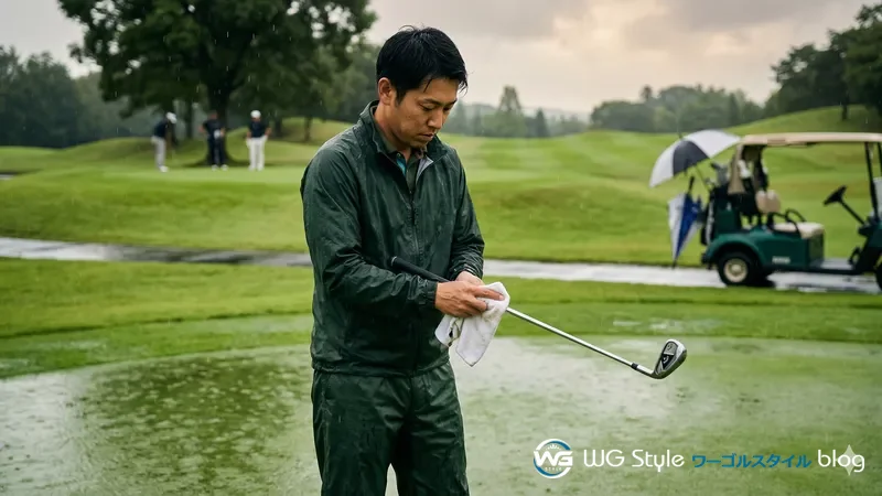 小雨の降るゴルフ場のフェアウェイでレインウェアを着てショット前にタオルでグリップを拭いている30代男性