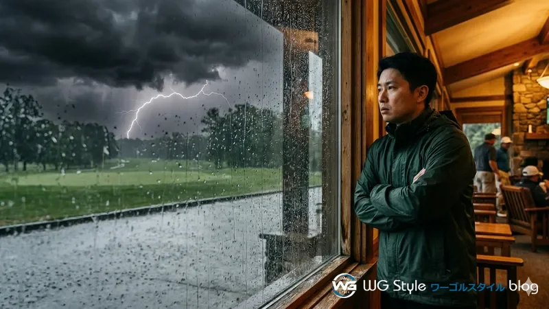 ゴルフ場のクラブハウス軒下で雷雨の荒れた空を窓越しに不安そうに見てプレー中止を判断している30代男性