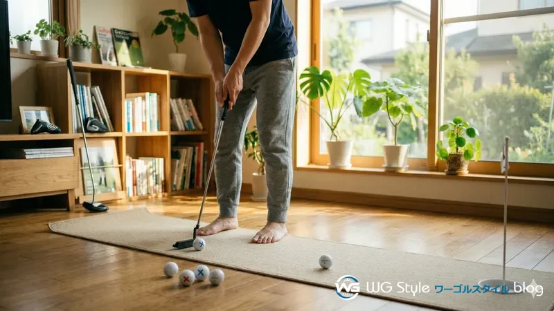 自宅のフローリングにパターマットを広げてパター練習をする30代男性