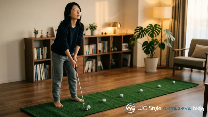 目を閉じてパターを構え距離感を感覚で覚えようとしている30代女性