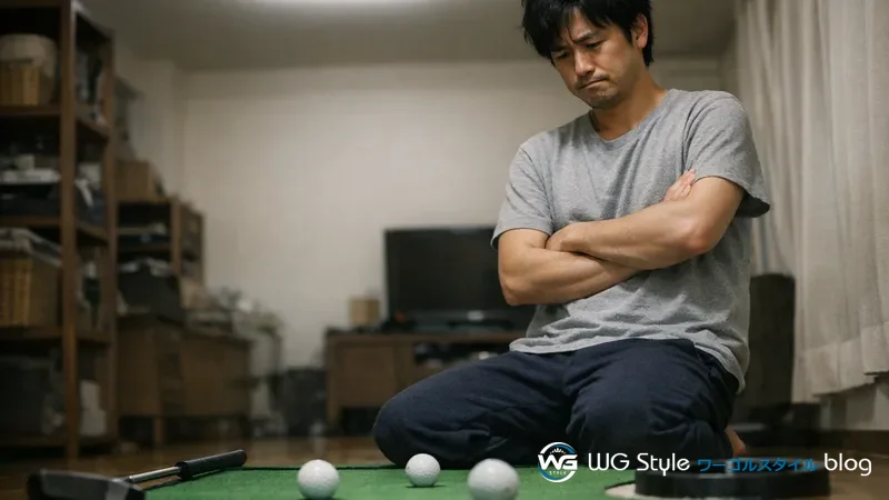 パター練習でカップを大きく外してしまったボールを見つめる30代男性