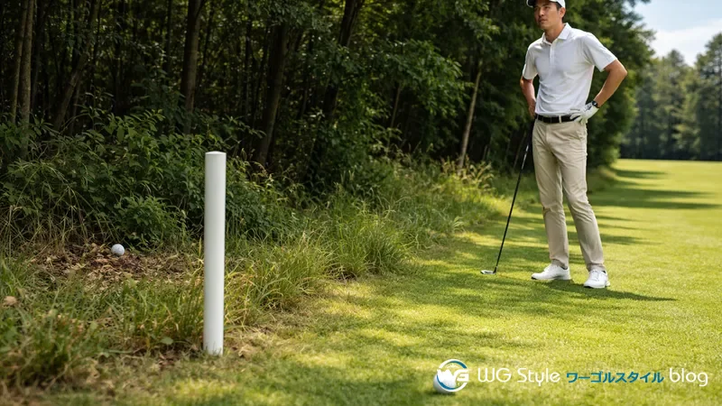 OB杭の外にボールが転がり込んでいる状況を確認するゴルファー