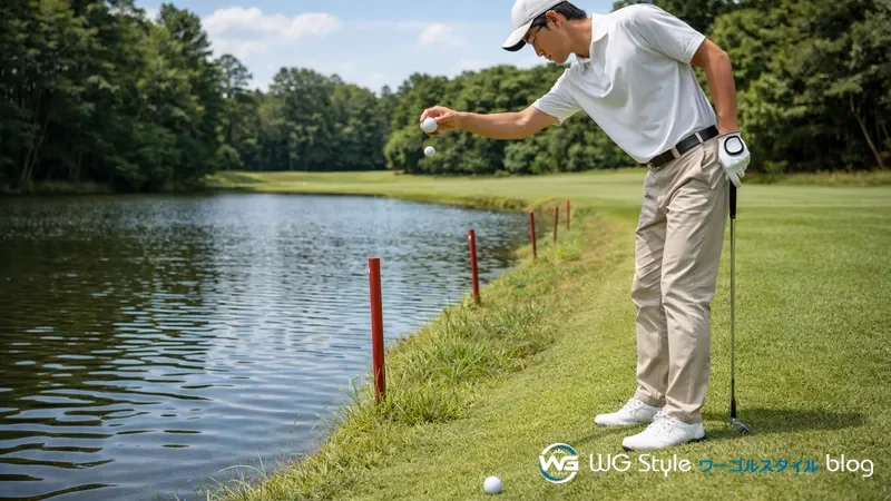 赤い杭で囲われたペナルティエリアでドロップの処理をするゴルファー