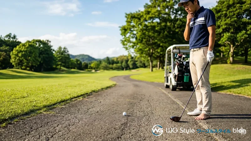 カート道の上に乗ったボールを前に救済の処理を確認するゴルファー