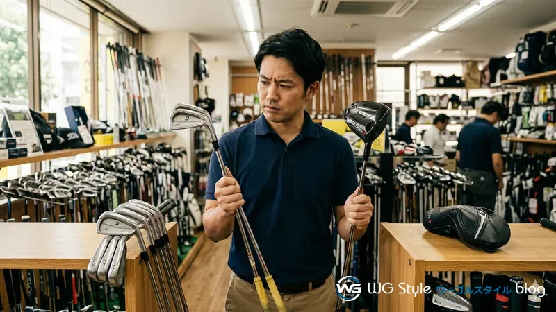 中古ゴルフクラブと新品クラブを手に取って比較する30代男性