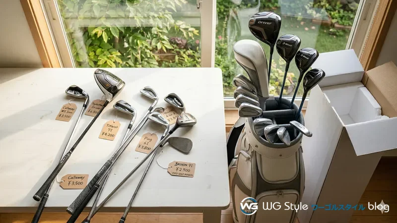 バラバラに揃えた中古クラブと揃いの新品セットを並べて費用を比較した場面