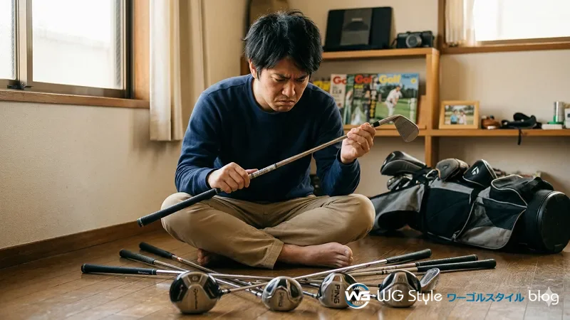 バラバラのブランドで揃えた中古クラブを困惑しながら確認する30代男性