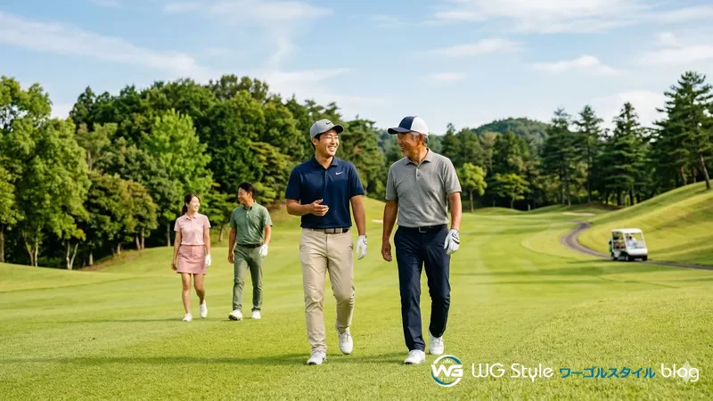 20代と60代のゴルファーが笑顔で並んでフェアウェイを歩く光景