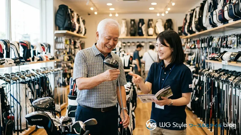 ゴルフショップで軽量クラブの重さを確かめる60代男性と説明する店員