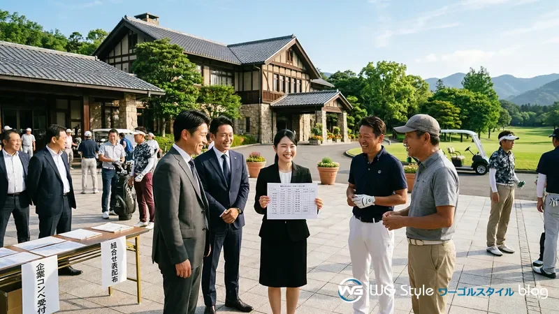 ゴルフ場クラブハウス前で組み合わせ表を確認する会社コンペの朝の集合シーン