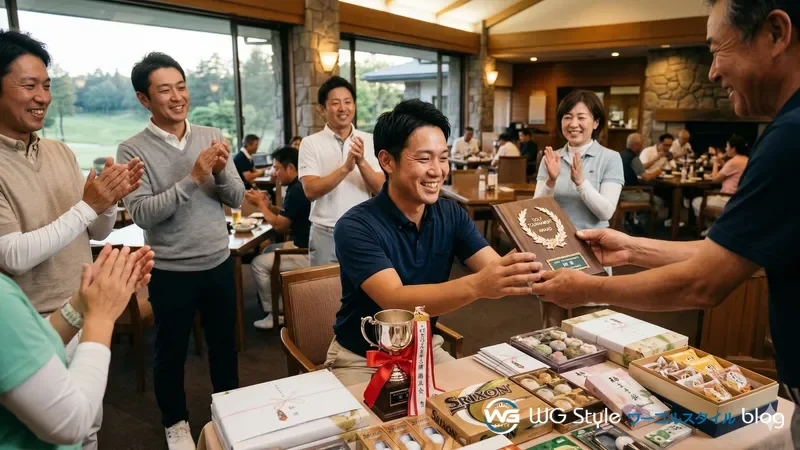 ゴルフコンペの表彰式で賞品を受け取り笑顔の参加者と拍手する周囲の様子