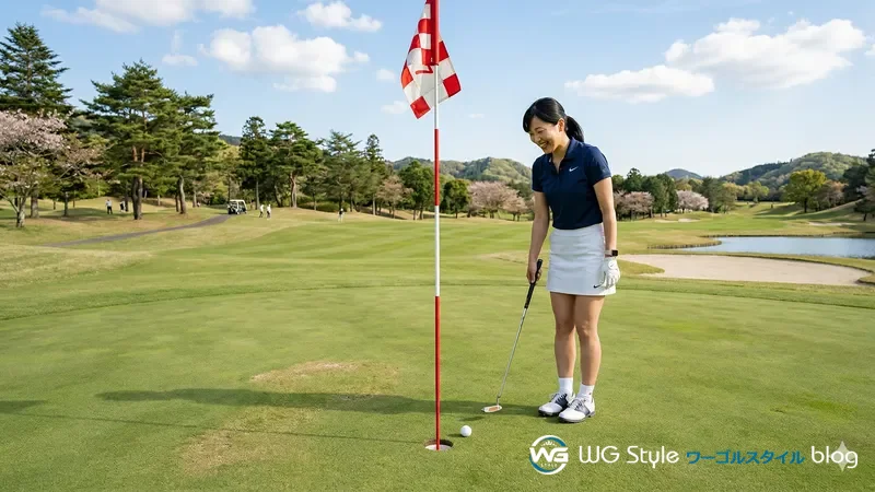 ニアピン賞となるほどピン近くにボールが止まり喜ぶ女性ゴルファー