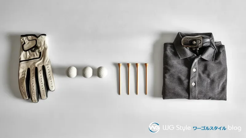 ゴルフ初心者の必須アイテム5点（グローブ・ボール・ティー・クラブ・ウェア）の俯瞰レイアウト