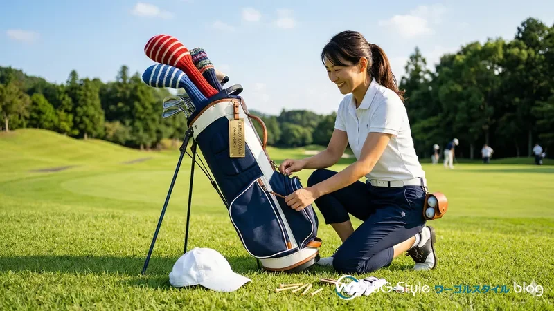 ネームプレート・ヘッドカバー・キャップなど便利アイテムを揃えたキャディバッグを整える女性