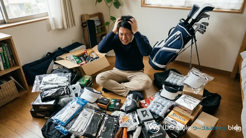 買いすぎたゴルフ用品の山に囲まれて困惑している30代男性