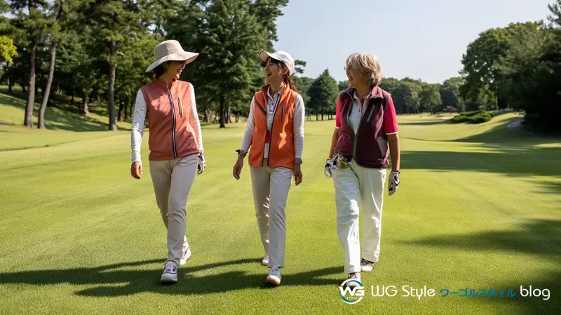 ゴルフコースで年齢の異なる3人の女性が笑顔で並んで歩いている