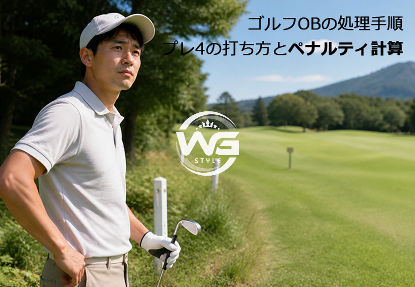 OBになったボールの処理を考えるゴルファーと特設ティーの案内板