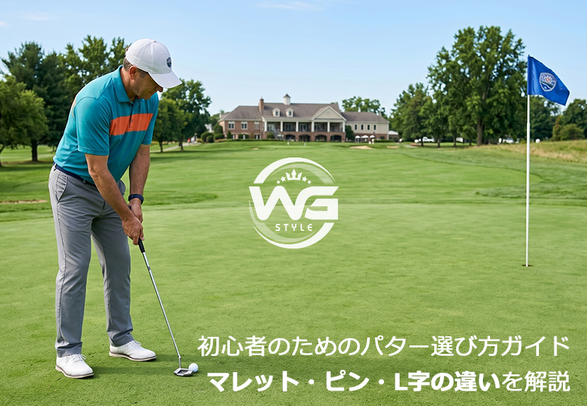 グリーン上でマレット型パターを構える日本人ゴルファーと3種類のパターの比較